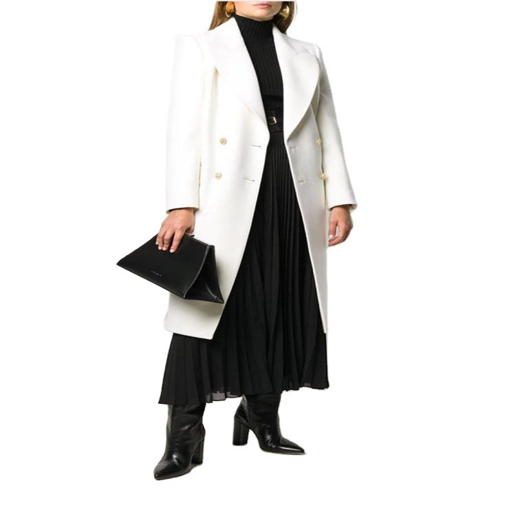 Damen Schlanker Zweireihiger Wollmix‑Longmantel mit Schalkragen, Goldknopf‑Detail und Pattentaschen Nord Taschen