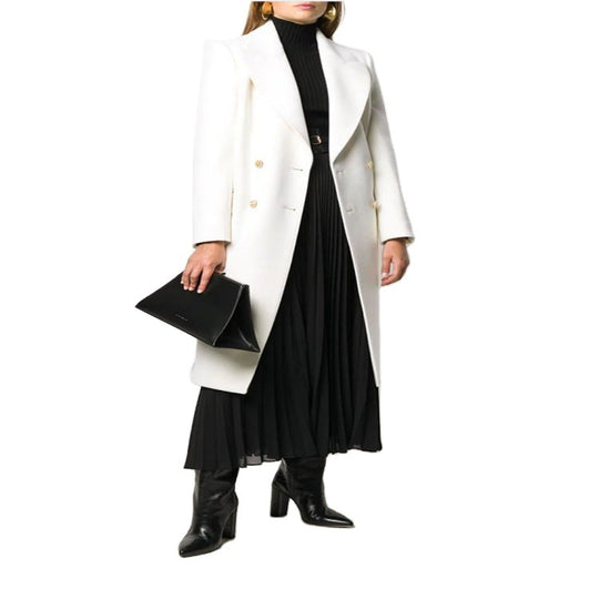 Damen Schlanker Zweireihiger Wollmix‑Longmantel mit Schalkragen, Goldknopf‑Detail und Pattentaschen Nord Taschen
