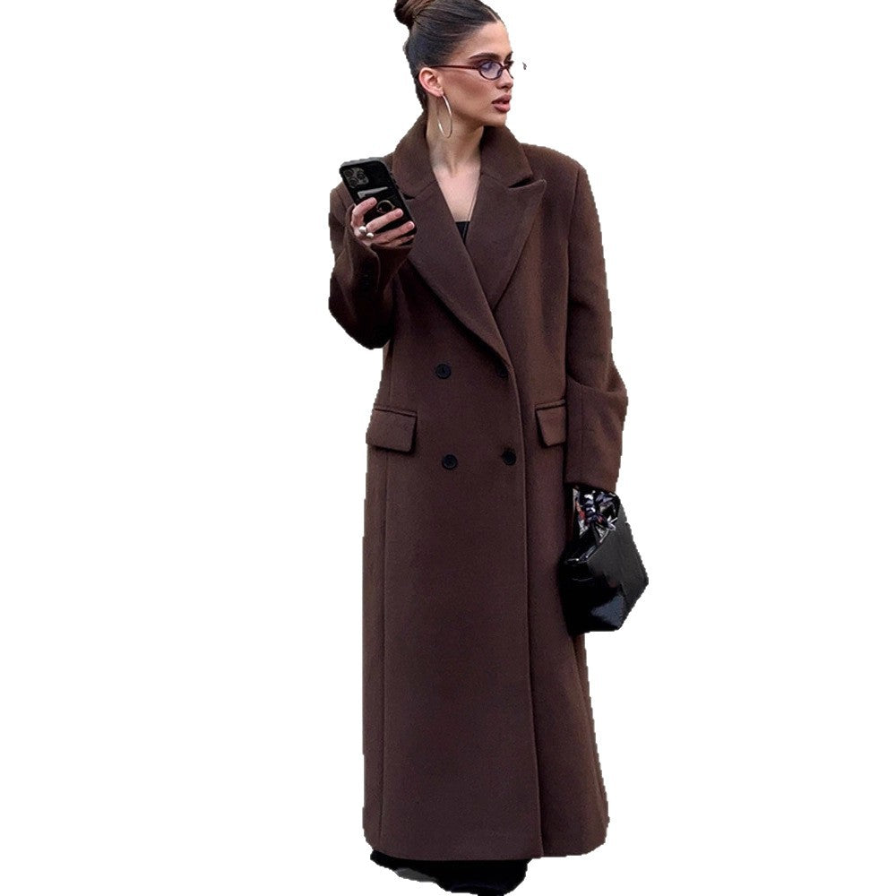Damen Maxilanger Wollmix-Mantel mit kastiger Oversize‑Silhouette und markanten Schultern Nord Taschen