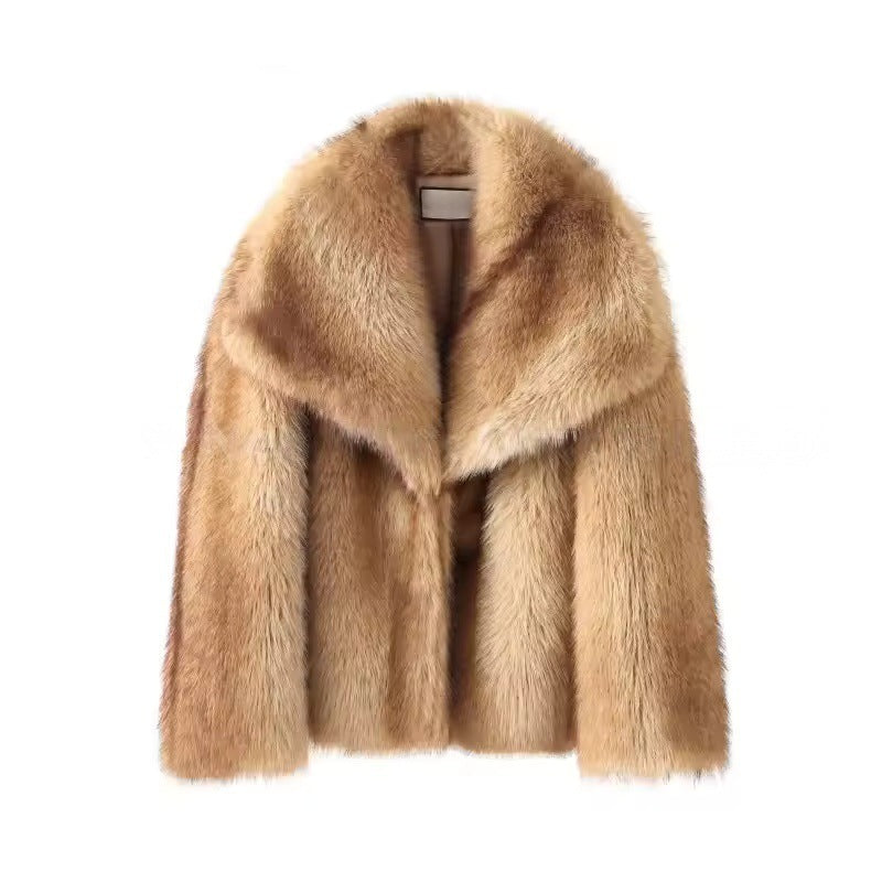 Damen Kurze Plüsch-Kunstpelzjacke mit weitem Schalkragen und geradem Schnitt Nord Taschen