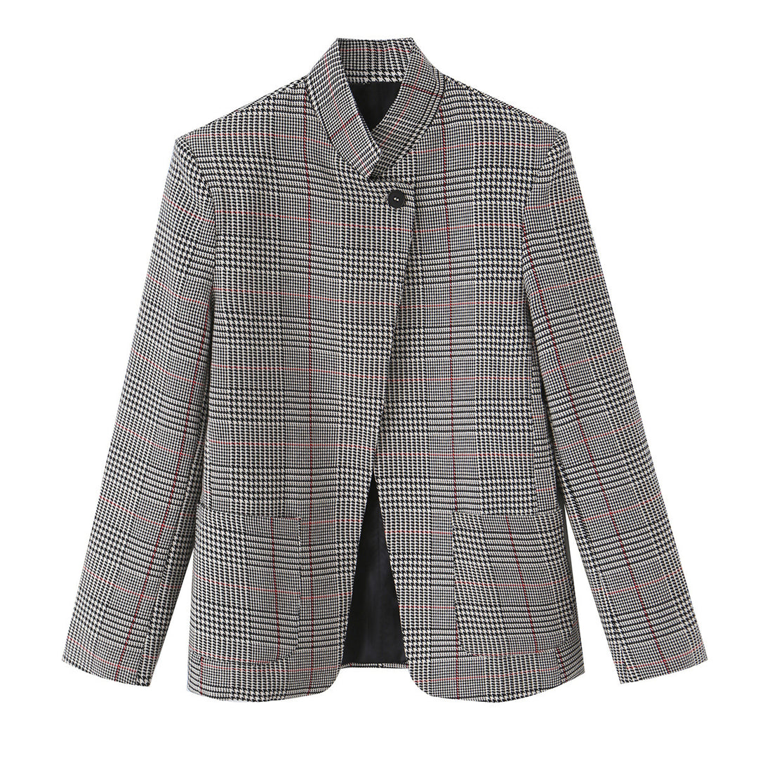 Damen Glencheck-Kurzblazer im Boxy-Schnitt mit Stehkragen und verdeckter Knopfleiste Nord Taschen