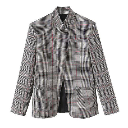 Damen Glencheck-Kurzblazer im Boxy-Schnitt mit Stehkragen und verdeckter Knopfleiste Nord Taschen