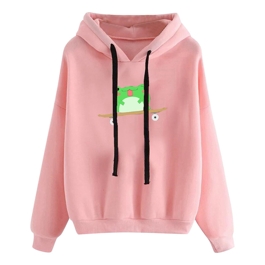 Damen nan kurz geschnittener Cropped-Kapuzenpullover mit niedlicher Frosch-Illustration und verstellbarer Kapuze Nord Taschen