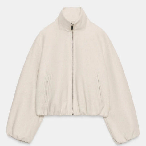 Damen Kurz geschnittene Bouclé‑Blousonjacke mit Stehkragen, elastischem Saum und Ballonärmeln Nord Taschen