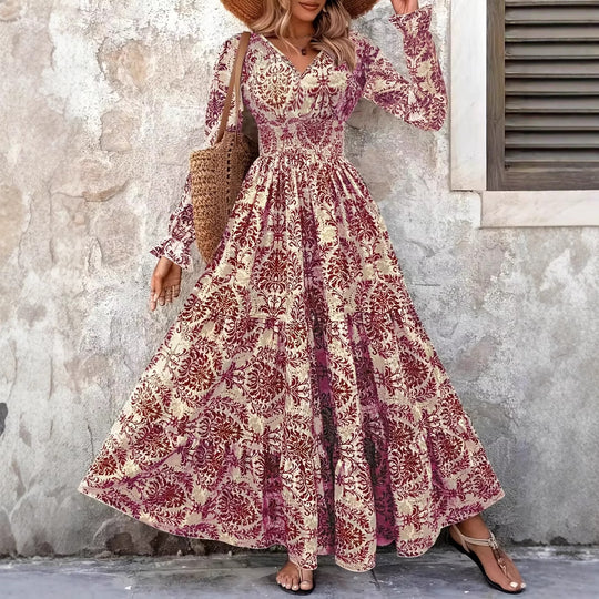 Damen Boho‑Maxikleid mit Smok‑Taillenpartie, V‑Ausschnitt und Stufenrock Nord Taschen