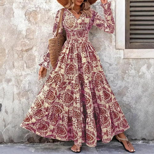 Damen Boho‑Maxikleid mit Smok‑Taillenpartie, V‑Ausschnitt und Stufenrock Nord Taschen
