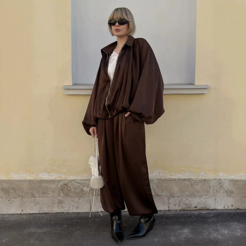 Damen Elegantes Satin-Zweiteiler-Set mit Oversize-Blouson und weiter Palazzo-Hose Nord Taschen