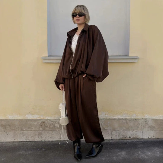 Damen Elegantes Satin-Zweiteiler-Set mit Oversize-Blouson und weiter Palazzo-Hose Nord Taschen