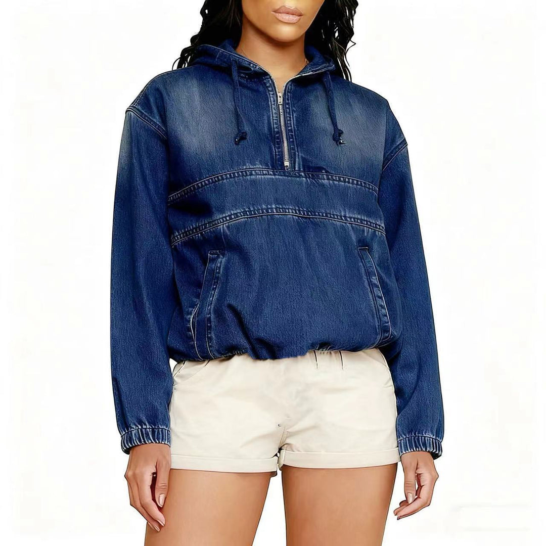 Damen Jeans-Hoodie mit halbem Reißverschluss, Kapuze und elastischem Saum Nord Taschen