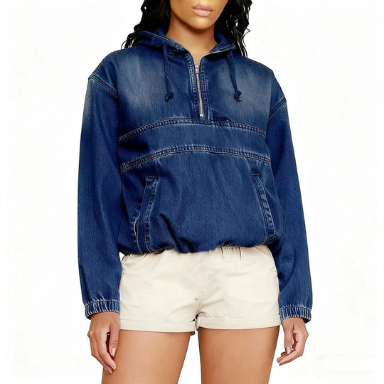 Damen Jeans-Hoodie mit halbem Reißverschluss, Kapuze und elastischem Saum Nord Taschen