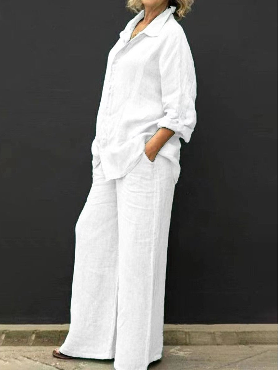 Damen Entspanntes Leinen-Set mit Oversize-Hemd und weiter Palazzo-Hose Nord Taschen