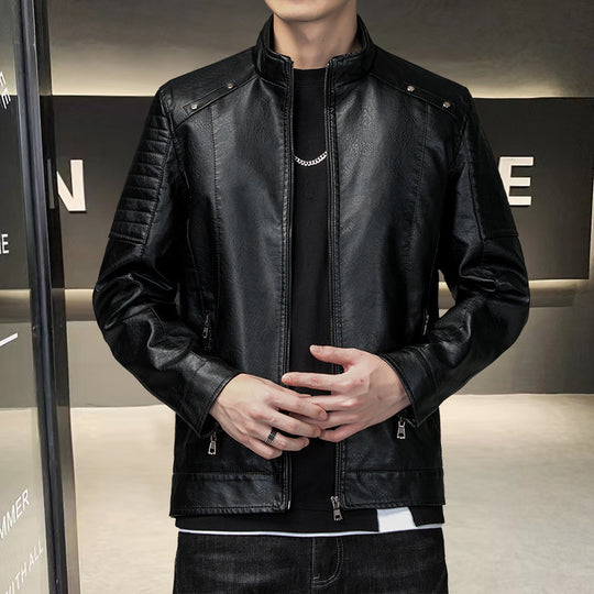 Herren schlanker Kunstleder-Moto-Blouson mit ergonomischen Nähten und Stehkragen Nord Taschen