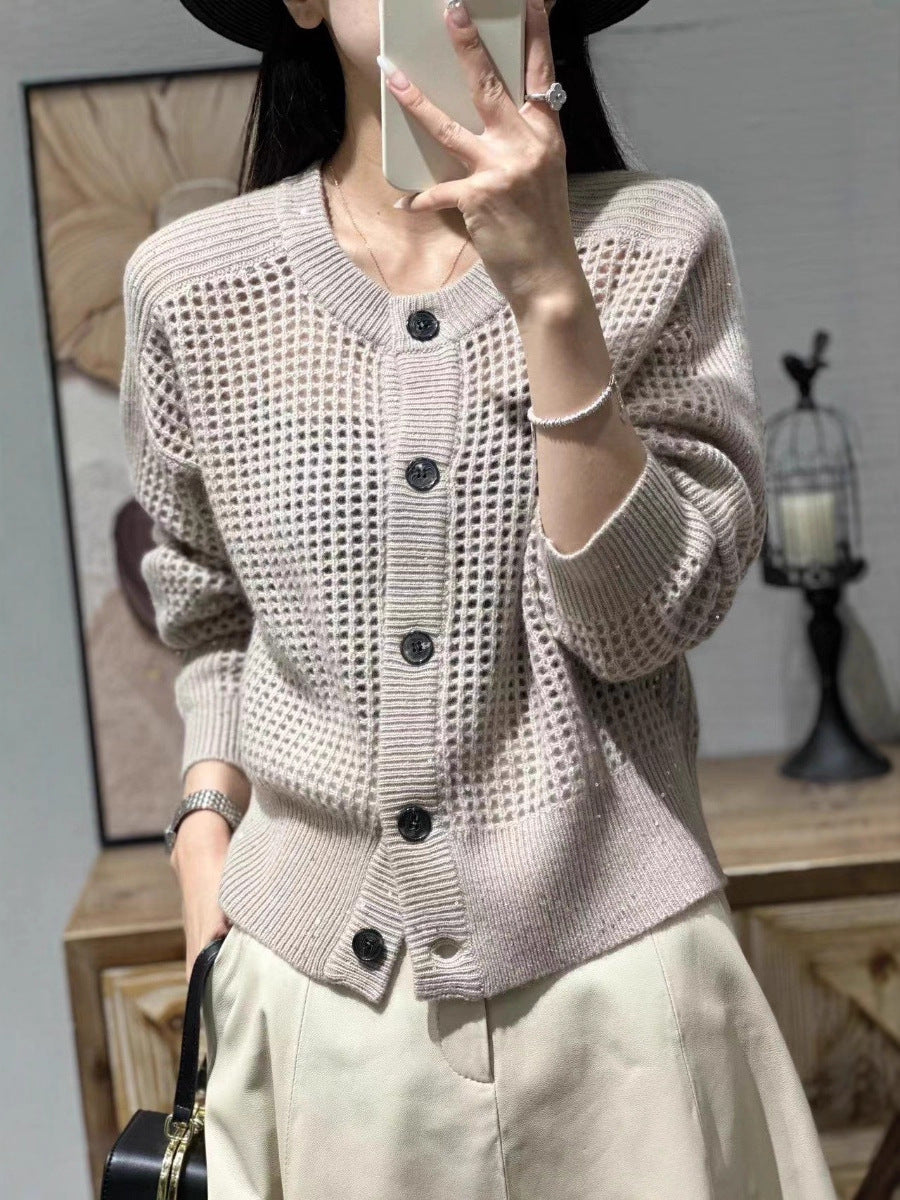 Damen Lockerer Mesh‑Cardigan mit Gitter‑Ajour, Rundhalsausschnitt und Knopfleiste Nord Taschen