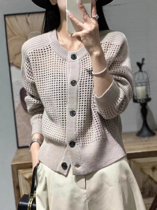 Damen Lockerer Mesh‑Cardigan mit Gitter‑Ajour, Rundhalsausschnitt und Knopfleiste Nord Taschen