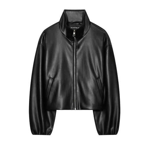 Damen Gekürzte Kunstlederjacke mit Stehkragen und Reißverschluss Nord Taschen