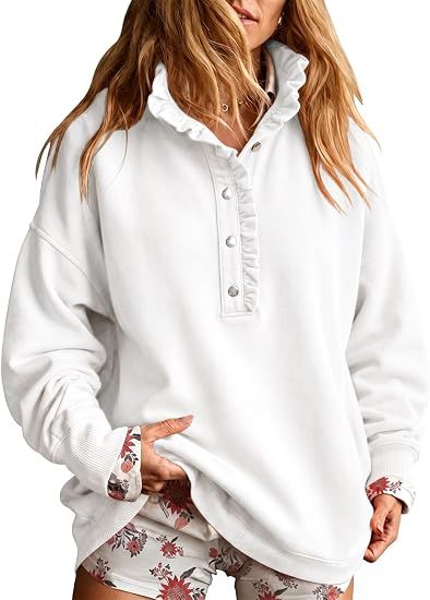 Damen Oversize-Sweatshirt mit Rüschenkragen und Druckknopfleiste Nord Taschen