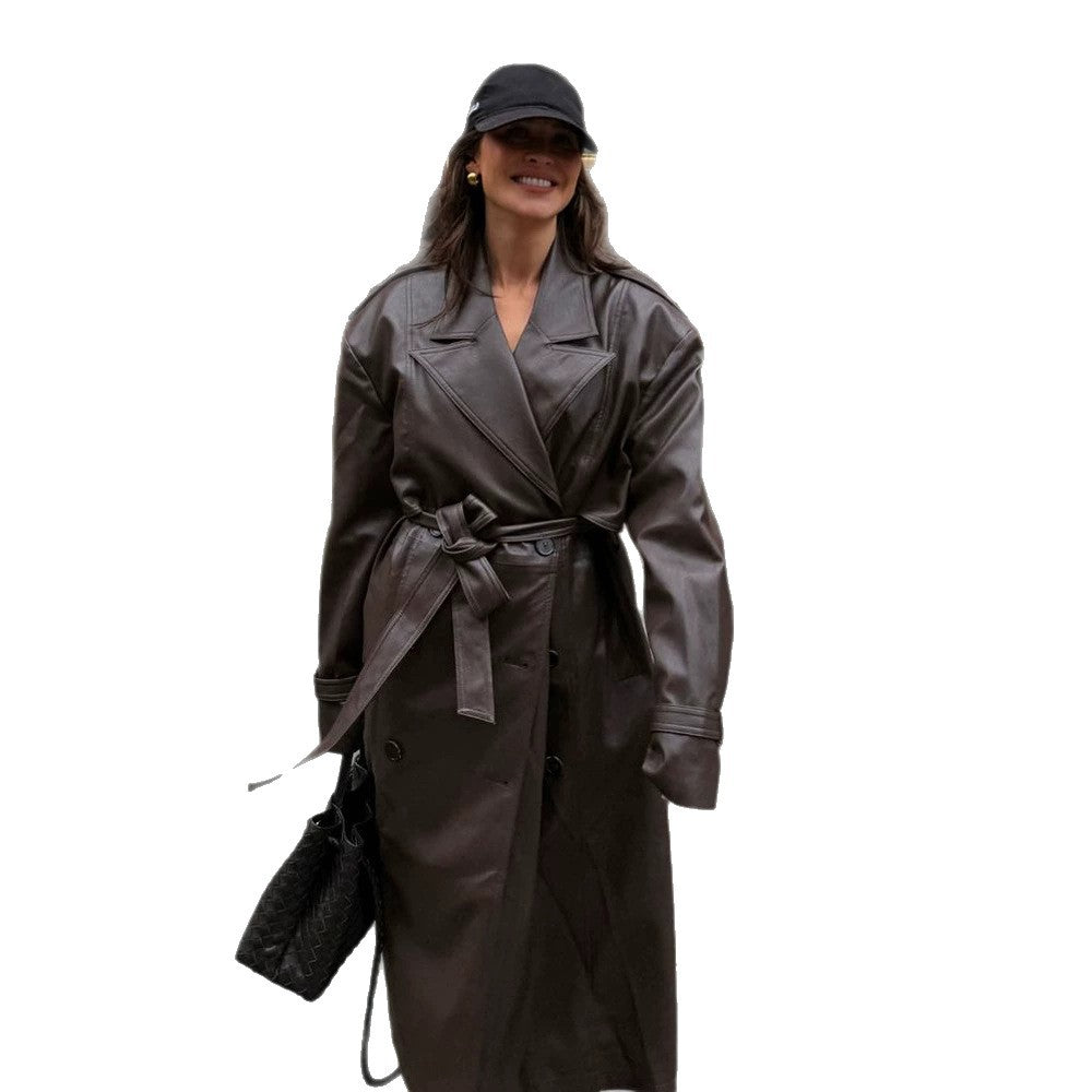 Damen Maxilanger Oversize Kunstleder-Trenchcoat mit weitem Revers und Taillengürtel Nord Taschen