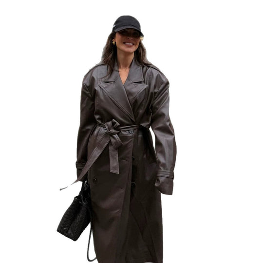 Damen Maxilanger Oversize Kunstleder-Trenchcoat mit weitem Revers und Taillengürtel Nord Taschen