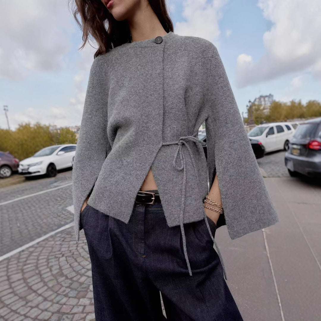 Damen Kurzes Wollmix‑Cape mit Rundhals, Tunnelzug‑Taillierung und Trompetenärmeln Nord Taschen