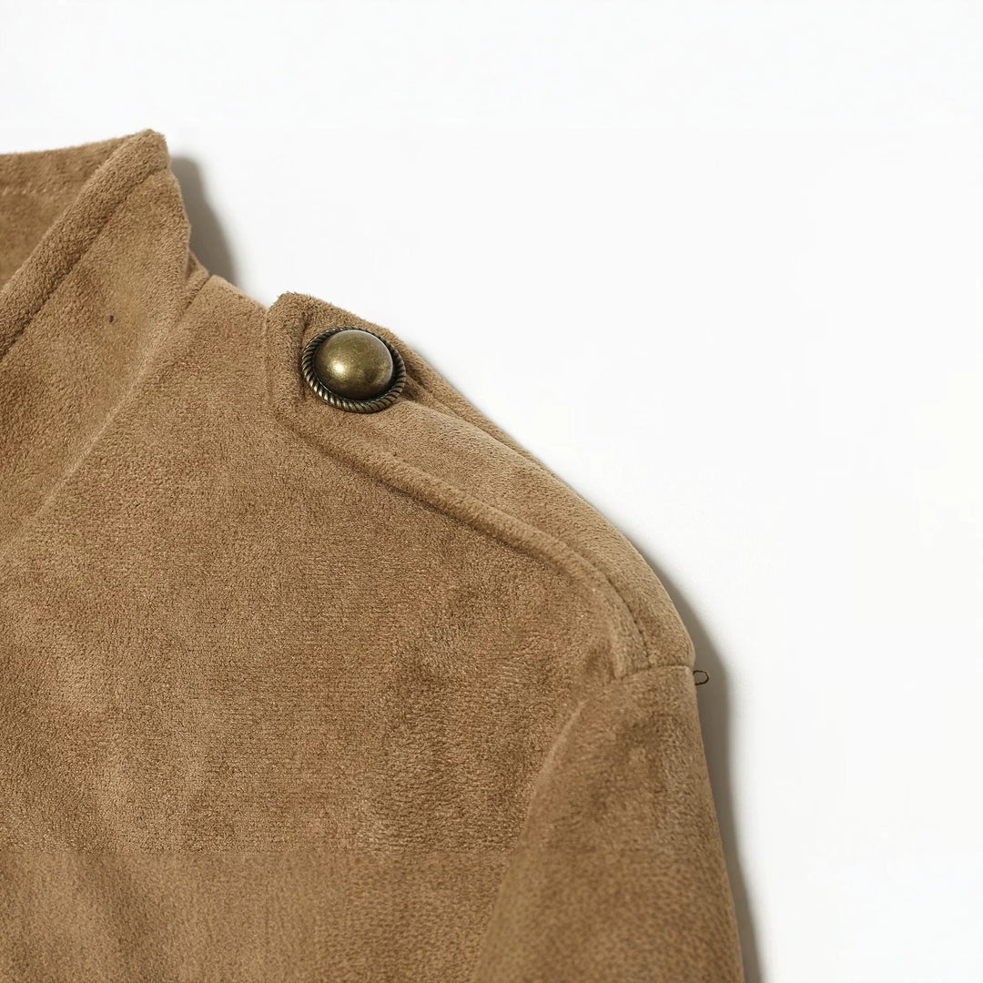 Damen Kurzblouson im Militärstil aus Velourslederoptik mit Reihen-Messingknöpfen Nord Taschen