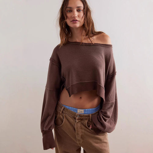 Damen cropped Oversize-Sweatshirt mit Daumenloch, fransigem Saum und weitem Raglanärmel Nord Taschen
