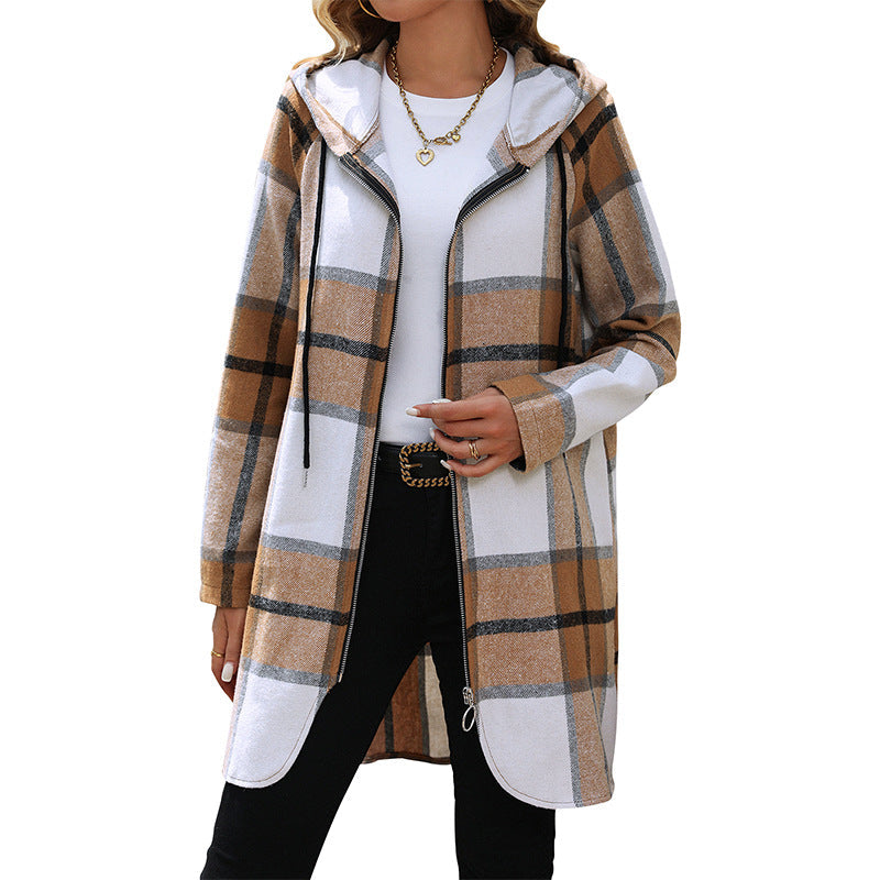 Damen Lange Kapuzen‑Strickjacke mit Karomuster, Reißverschluss & Eingrifftaschen Nord Taschen