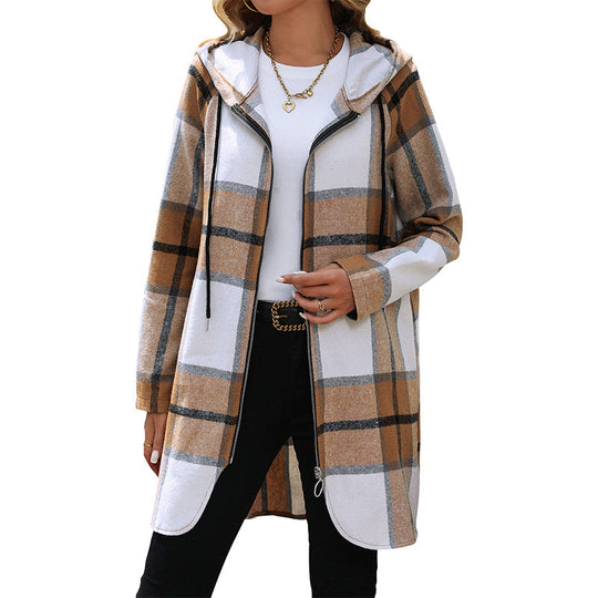 Damen Lange Kapuzen‑Strickjacke mit Karomuster, Reißverschluss & Eingrifftaschen Nord Taschen