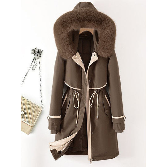 Damen nan langer Parka mit Kunstfellkapuze Taillenzug und kontrastierten Paspeln Nord Taschen
