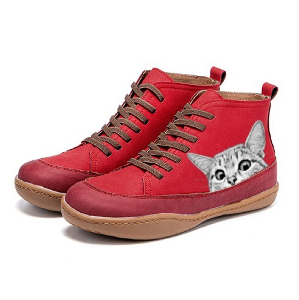 Damen nan High-Top Sneaker mit geprägtem Katzenmotiv weiches Kunstleder und gepolstertes Komfortfußbett Nord Taschen