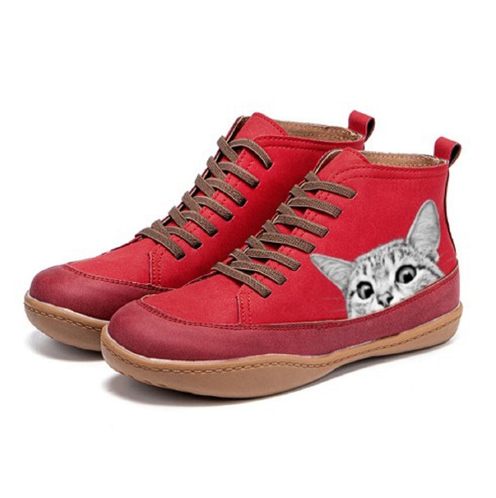 Damen nan High-Top Sneaker mit geprägtem Katzenmotiv weiches Kunstleder und gepolstertes Komfortfußbett Nord Taschen