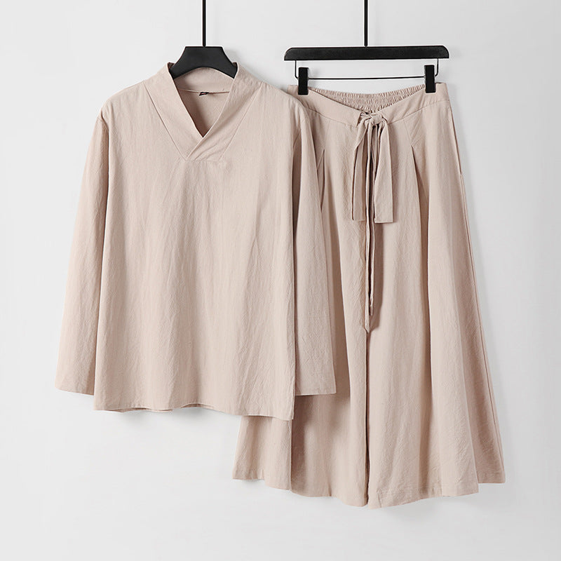 Damen Leichtes Leinen-Baumwoll Loungewear-Set mit V-Ausschnitt, weitem Midirock und Bindegürtel Nord Taschen