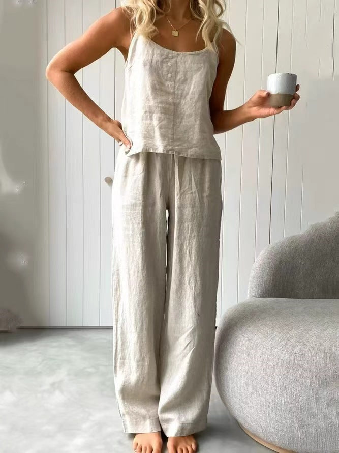 Damen lässiges Leinen-Set mit Trägershirt und weiten Hosen Nord Taschen