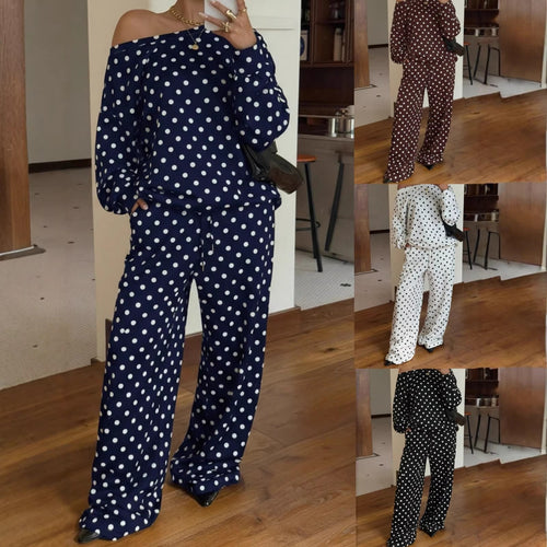 Damen Polka-Dot Lounge-Set mit Off-Shoulder-Oberteil und weiter Bundhose Nord Taschen