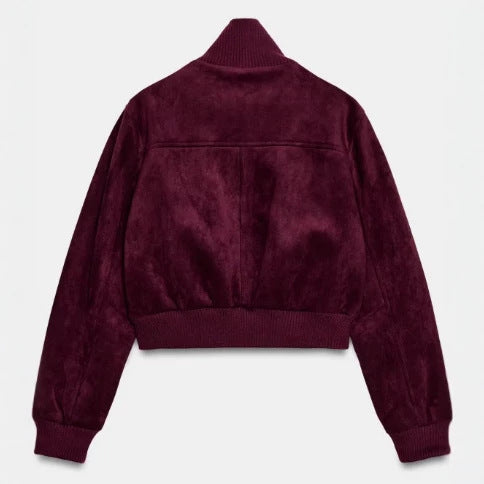 Damen Kurze Veloursleder-Bomberjacke mit hohem Rippenkragen, elastischem Saum und Eingrifftaschen Nord Taschen