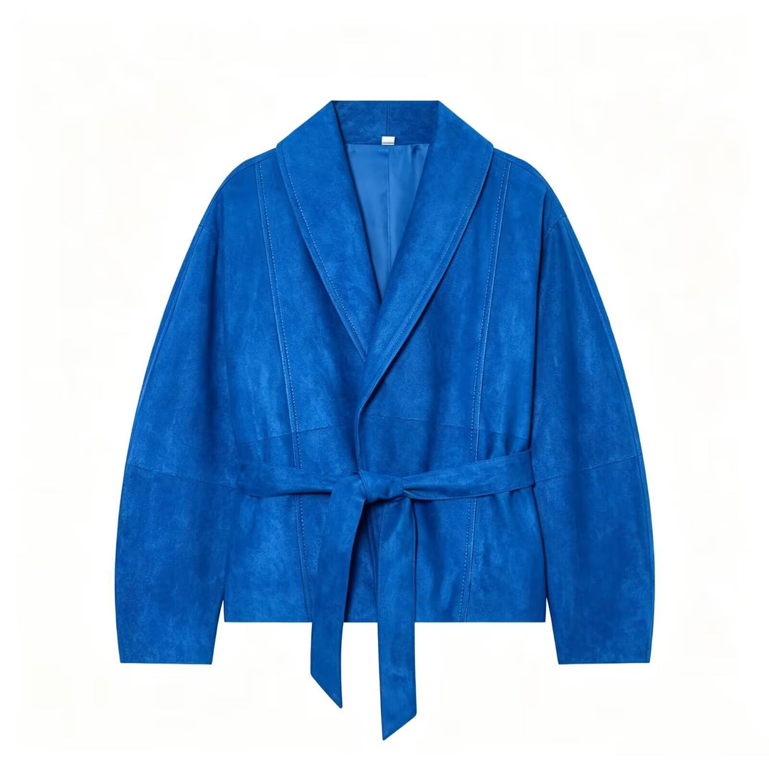 Damen Kurzjacke im Kimono‑Stil aus Veloursoptik mit Schalkragen und Bindegürtel Nord Taschen