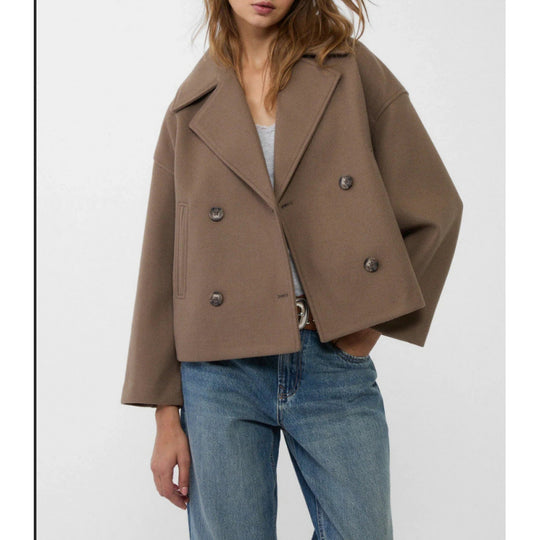 Damen Kurzer Zweireihiger Wollmix-Peacoat mit übergroßem Revers Nord Taschen