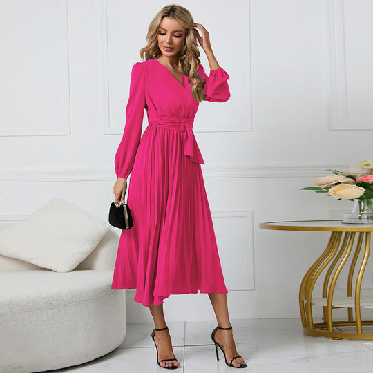 Damen Plissiertes Wickel‑Midikleid mit Taillengürtel und V‑Ausschnitt Nord Taschen