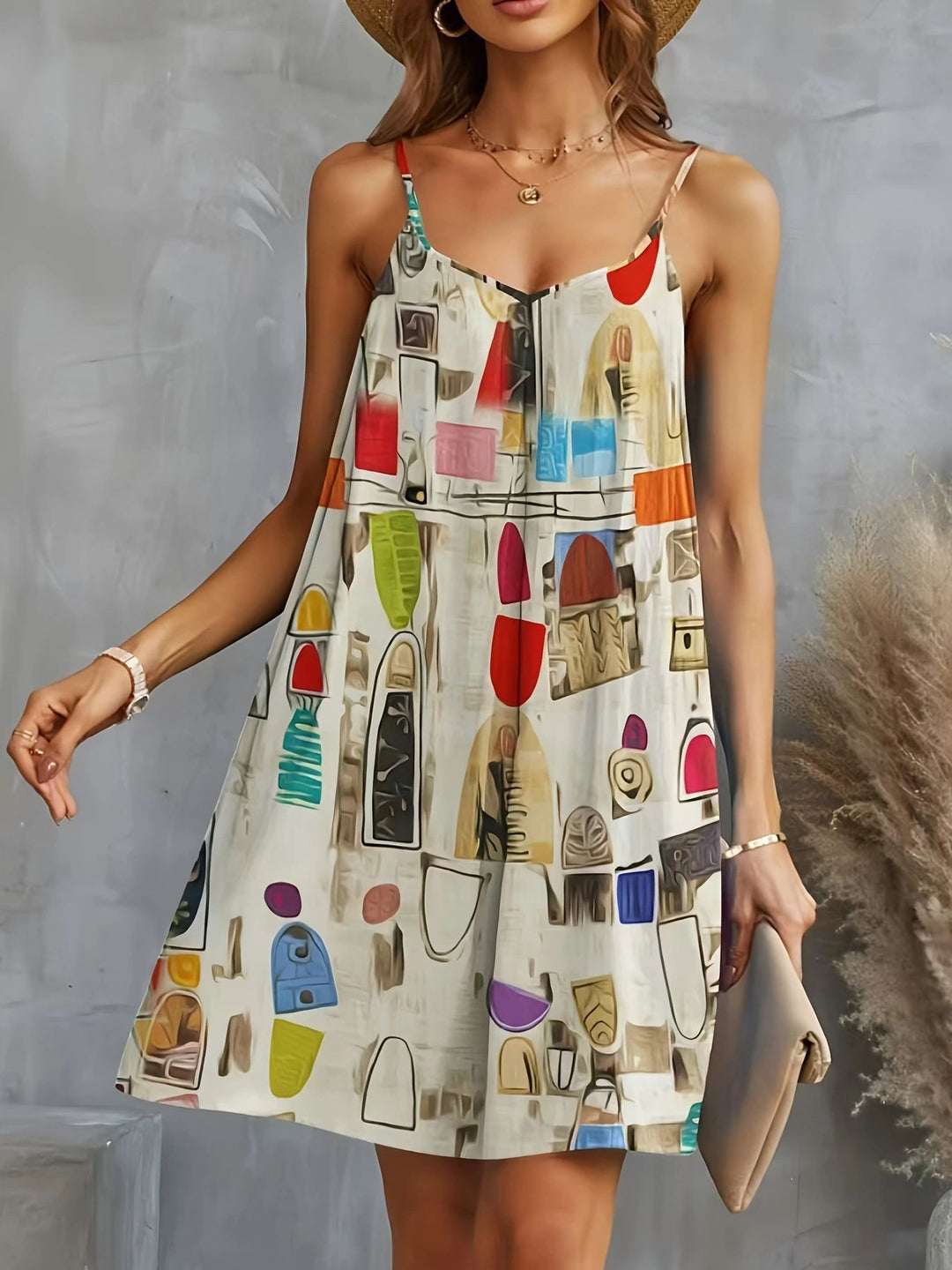 Damen luftiges Sommerkleid mit buntem geometrischem Muster und Kreuzträgern Nord Taschen