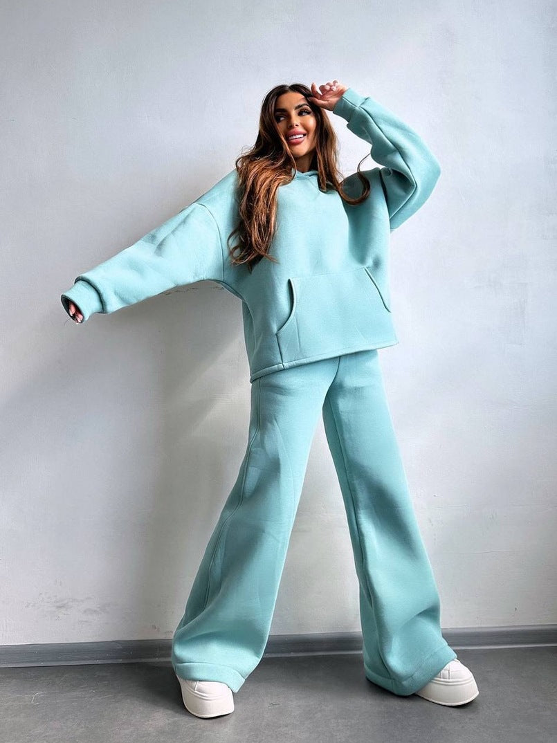 Damen Scuba-Fleece Lounge-Set mit Oversize-Kapuzenpullover und weiter Flare-Hose Nord Taschen