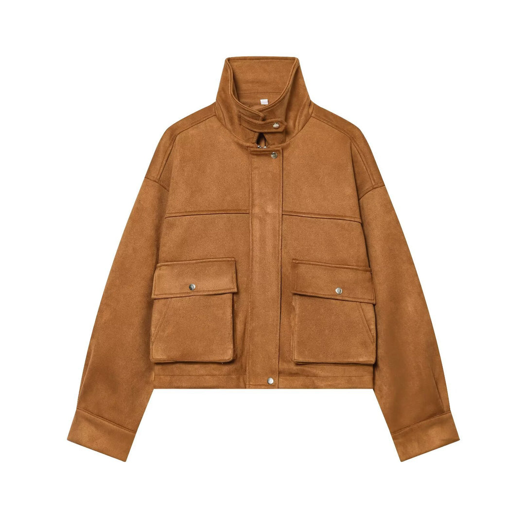 Damen Kurze Boxy-Jacke in Wildlederoptik mit Funnelkragen und großen Klappentaschen Nord Taschen