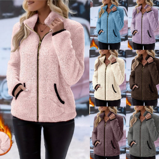 Damen Thermo-Sherpa-Fleecejacke mit Stehkragen, Kontrastkanten und Ringzipper Nord Taschen