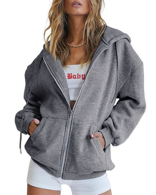 Damen Fleece-Zipjacke im Oversize-Stil mit Kapuze, Kängurutaschen und elastischem Saum Nord Taschen