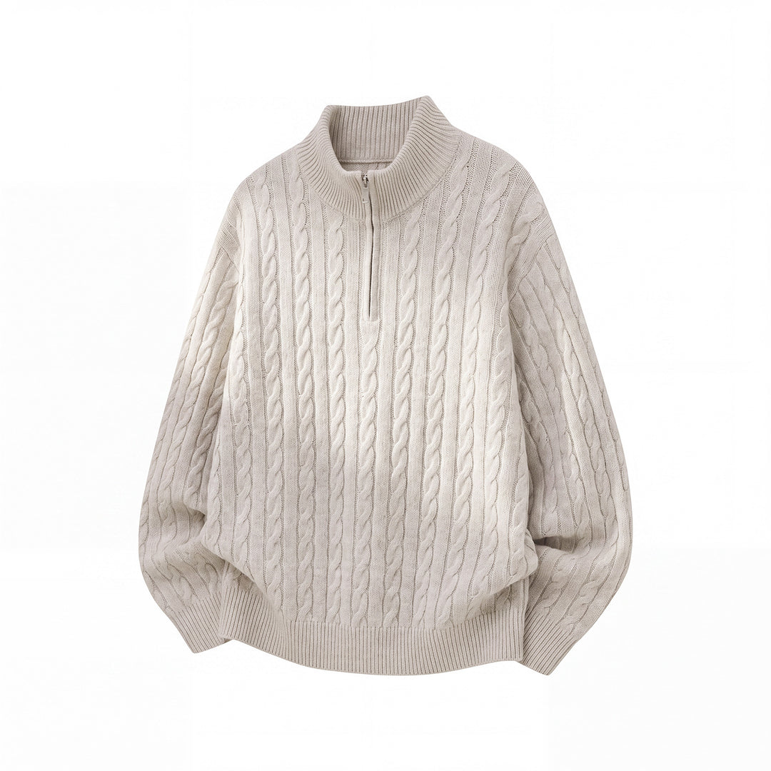 Unisex Lässiger Zopfmuster-Halbzip-Pullover mit hohem Rippkragen und Oversize-Schnitt Nord Taschen