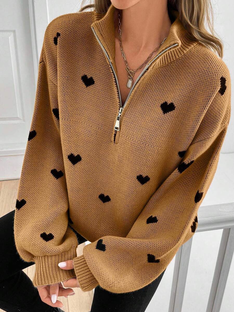 Damen Oversize Strickpullover mit Half-Zip und Herzmotiv Nord Taschen