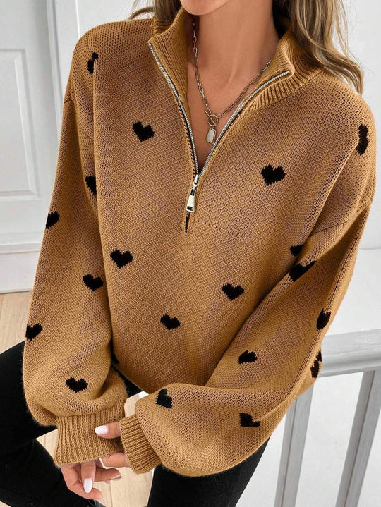 Damen Oversize Strickpullover mit Half-Zip und Herzmotiv Nord Taschen