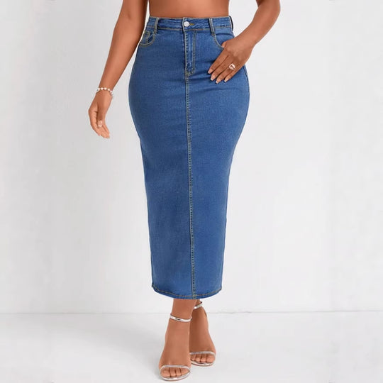 Damen Taillenhoher Stretch-Denim-Midirock mit sichtbarer Mittelnaht und Five-Pocket-Design Nord Taschen