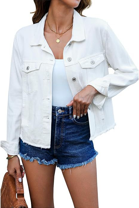 Damen Kurz geschnittene Jeansjacke mit Fransen-Saum und aufgesetzten Brusttaschen Nord Taschen