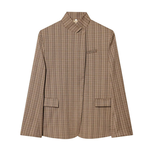 Damen Taillierter karierter Blazer mit Stehkragen und verdeckter Knopfleiste Nord Taschen