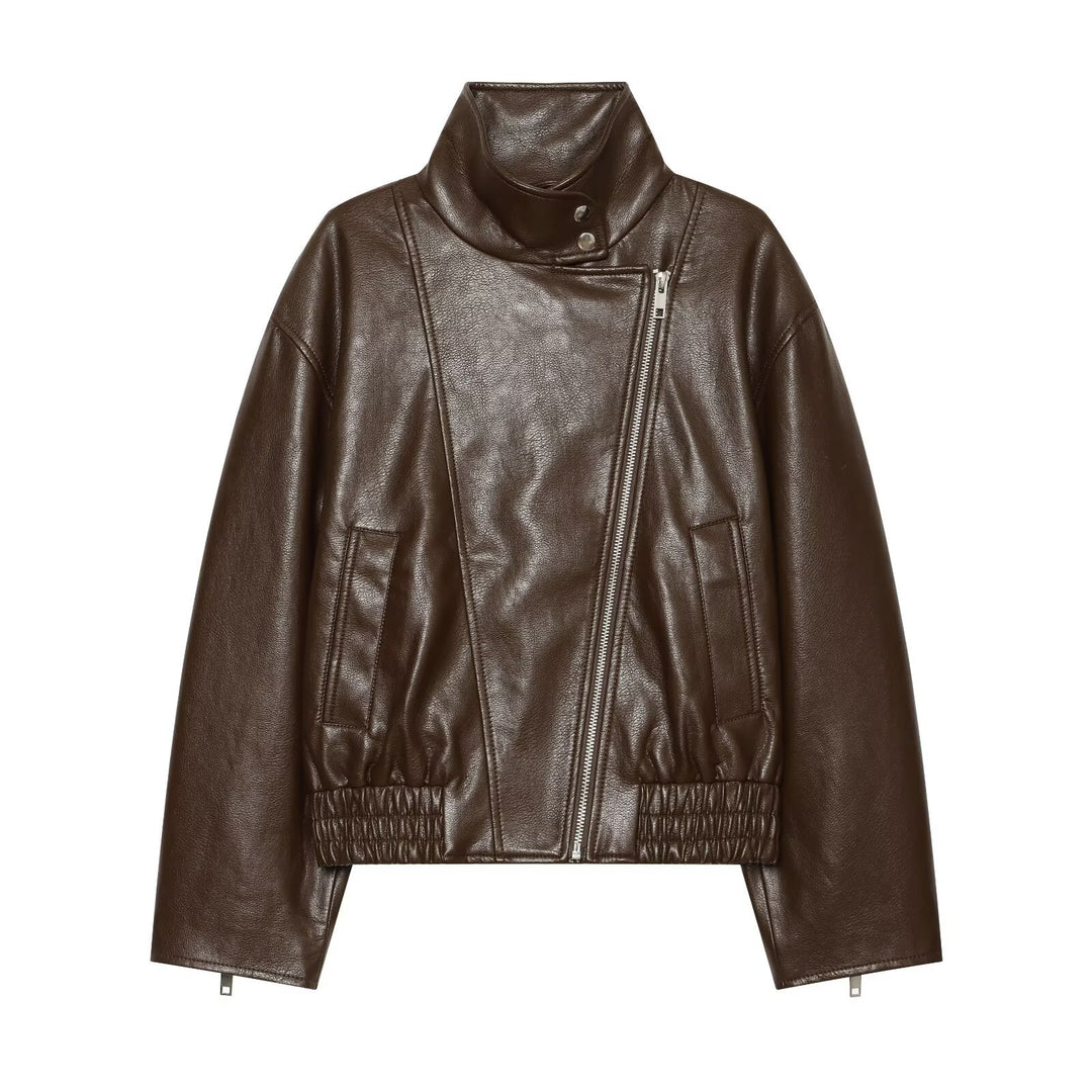 Damen taillierte Lederoptik-Bikerjacke mit hohem Funnelkragen Nord Taschen