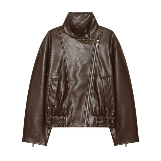 Damen taillierte Lederoptik-Bikerjacke mit hohem Funnelkragen Nord Taschen